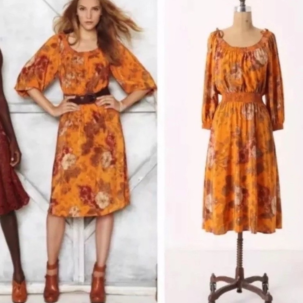 Anthropologie 6 Silk Cara Cara Moulinette Soeurs Pumpkin Autumn Leaves Peasant